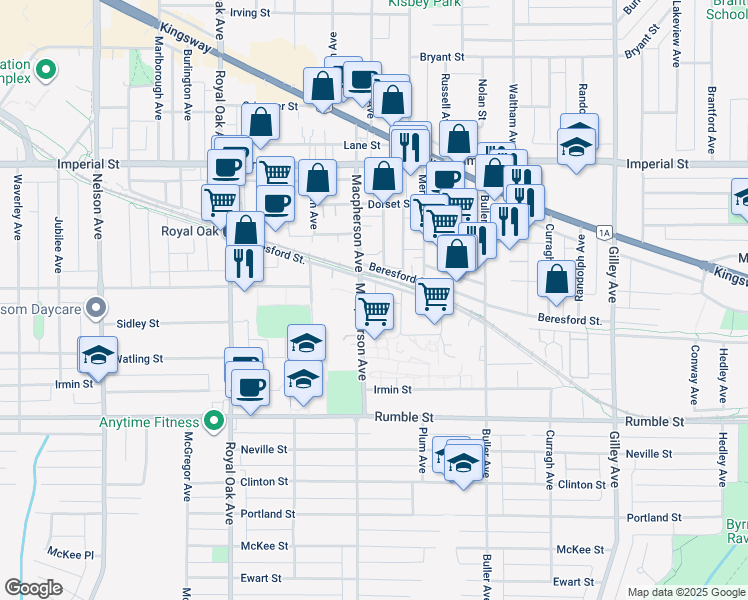 map of restaurants, bars, coffee shops, grocery stores, and more near 7232 Macpherson Avenue in Burnaby