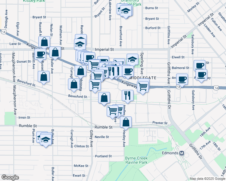 map of restaurants, bars, coffee shops, grocery stores, and more near 6588 Southoaks Crescent in Burnaby