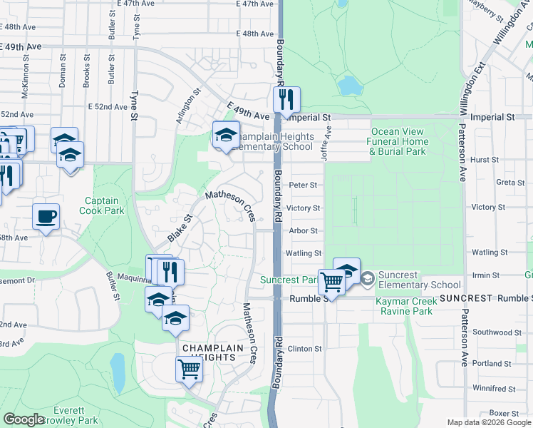 map of restaurants, bars, coffee shops, grocery stores, and more near 7363 Toba Place in Vancouver