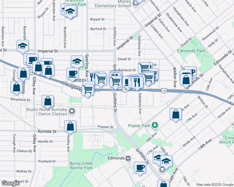 map of restaurants, bars, coffee shops, grocery stores, and more near 6919 Kingsway in Burnaby