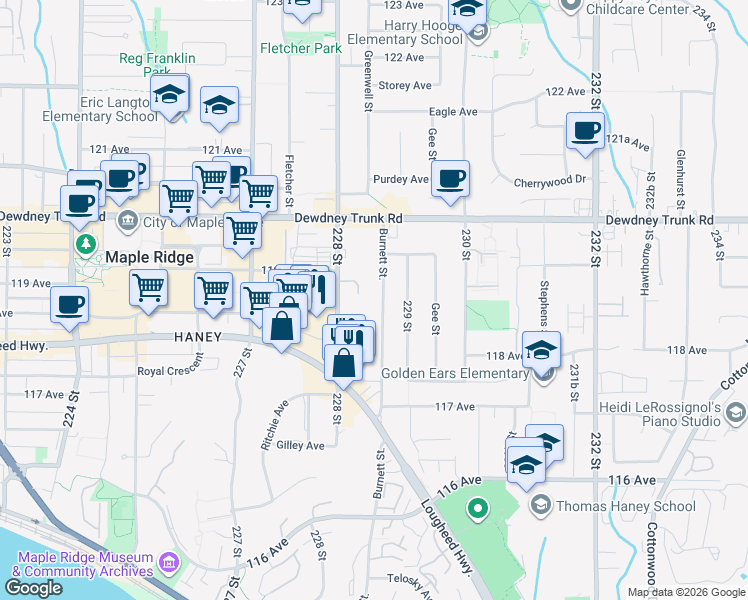 map of restaurants, bars, coffee shops, grocery stores, and more near in Maple Ridge
