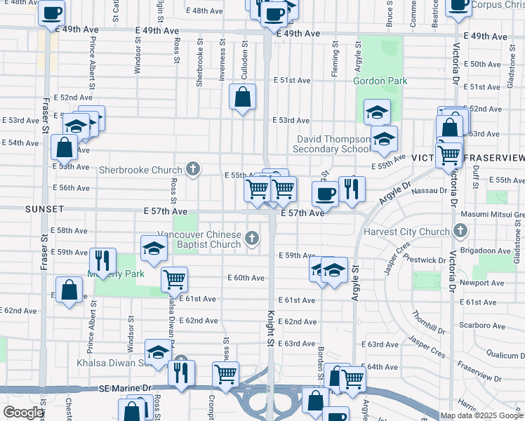 map of restaurants, bars, coffee shops, grocery stores, and more near East 57th Avenue in Vancouver