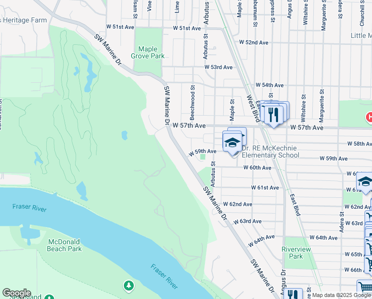 map of restaurants, bars, coffee shops, grocery stores, and more near 2175 Southwest Marine Drive in Vancouver