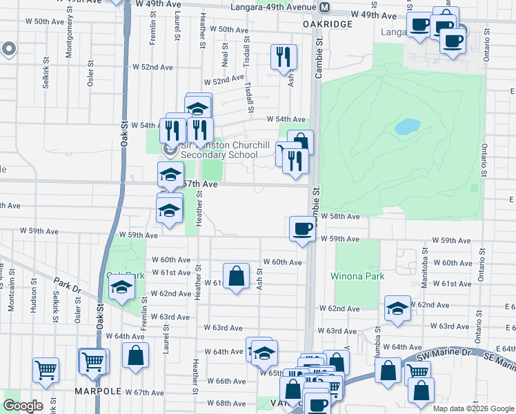 map of restaurants, bars, coffee shops, grocery stores, and more near 688 West 57th Avenue in Vancouver