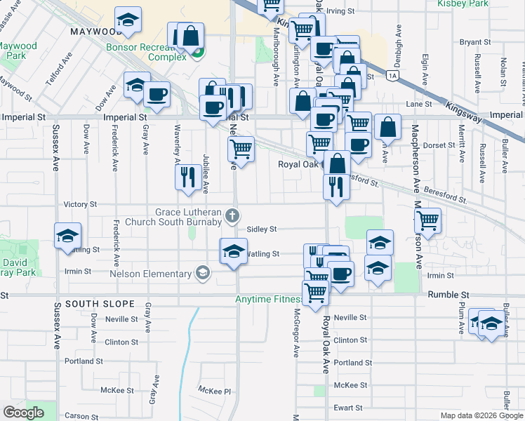 map of restaurants, bars, coffee shops, grocery stores, and more near 4994 Victory Street in Burnaby