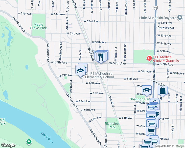 map of restaurants, bars, coffee shops, grocery stores, and more near 7388 Laburnum Street in Vancouver
