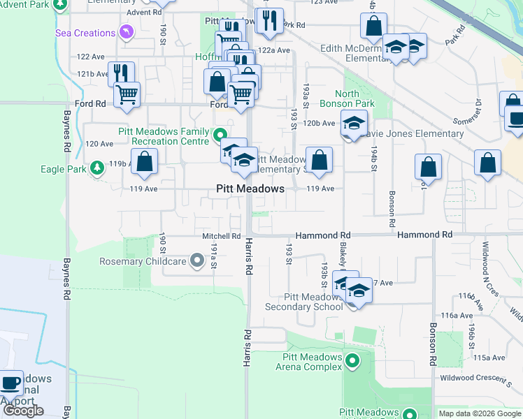 map of restaurants, bars, coffee shops, grocery stores, and more near 19240 119 Avenue in Pitt Meadows