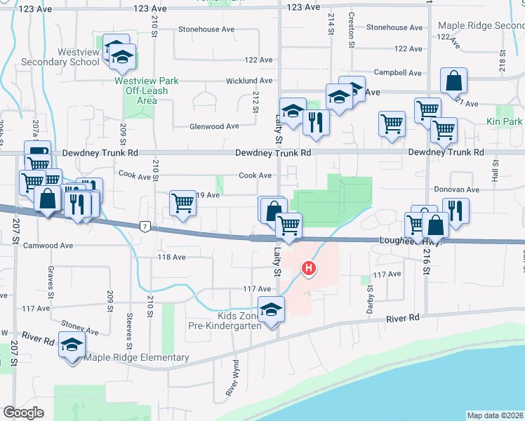 map of restaurants, bars, coffee shops, grocery stores, and more near in Maple Ridge