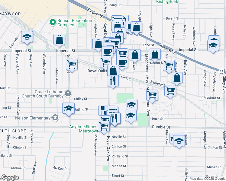 map of restaurants, bars, coffee shops, grocery stores, and more near 5250 Victory Street in Burnaby