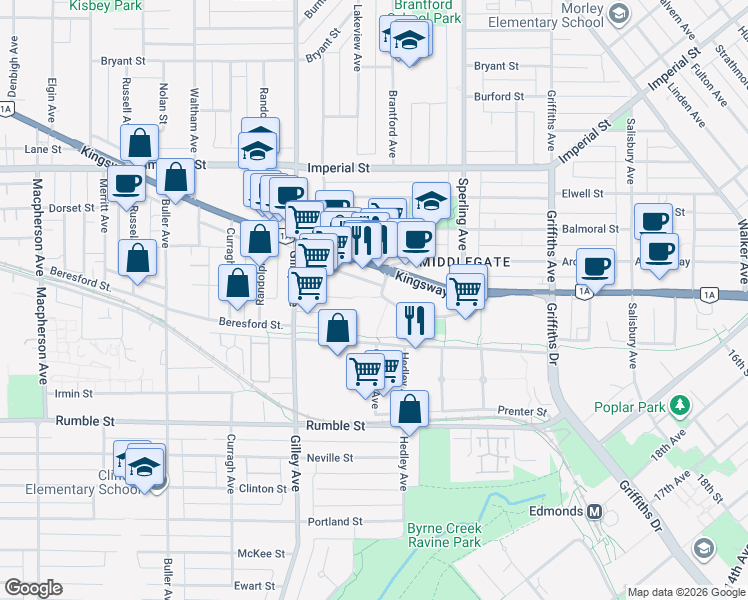 map of restaurants, bars, coffee shops, grocery stores, and more near 6588 Southoaks Crescent in Burnaby