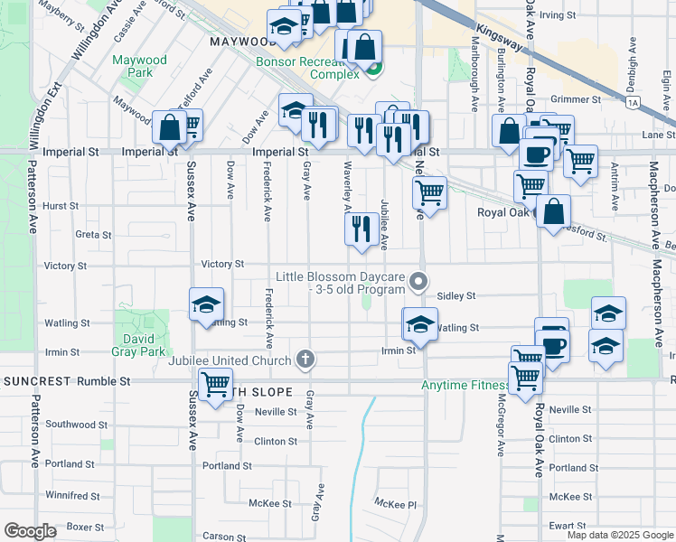 map of restaurants, bars, coffee shops, grocery stores, and more near 4678 Victory Street in Burnaby