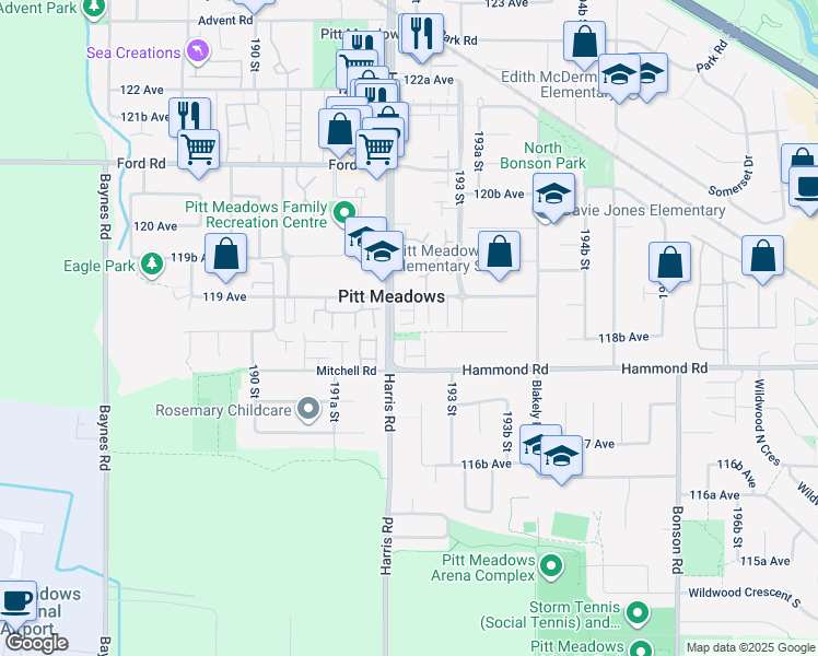 map of restaurants, bars, coffee shops, grocery stores, and more near 19240 119 Avenue in Pitt Meadows