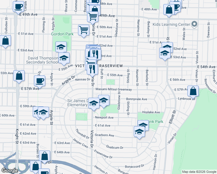 map of restaurants, bars, coffee shops, grocery stores, and more near 2143 Upland Drive in Vancouver