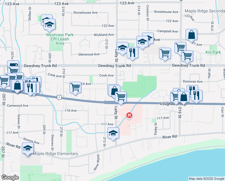 map of restaurants, bars, coffee shops, grocery stores, and more near in Maple Ridge
