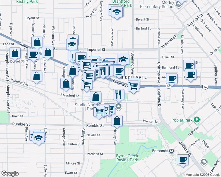map of restaurants, bars, coffee shops, grocery stores, and more near 6611 Southoaks Crescent in Burnaby