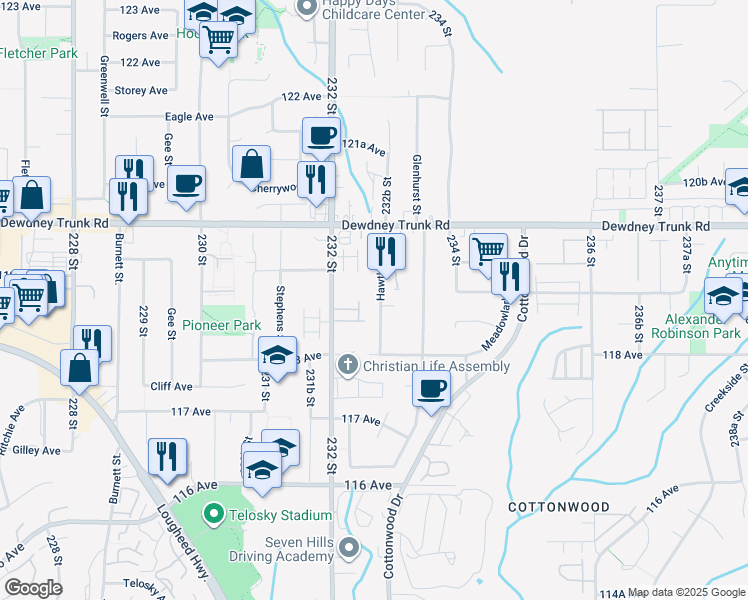 map of restaurants, bars, coffee shops, grocery stores, and more near 11867 Hawthorne Street in Maple Ridge