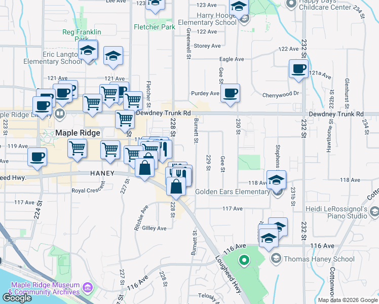 map of restaurants, bars, coffee shops, grocery stores, and more near in Maple Ridge