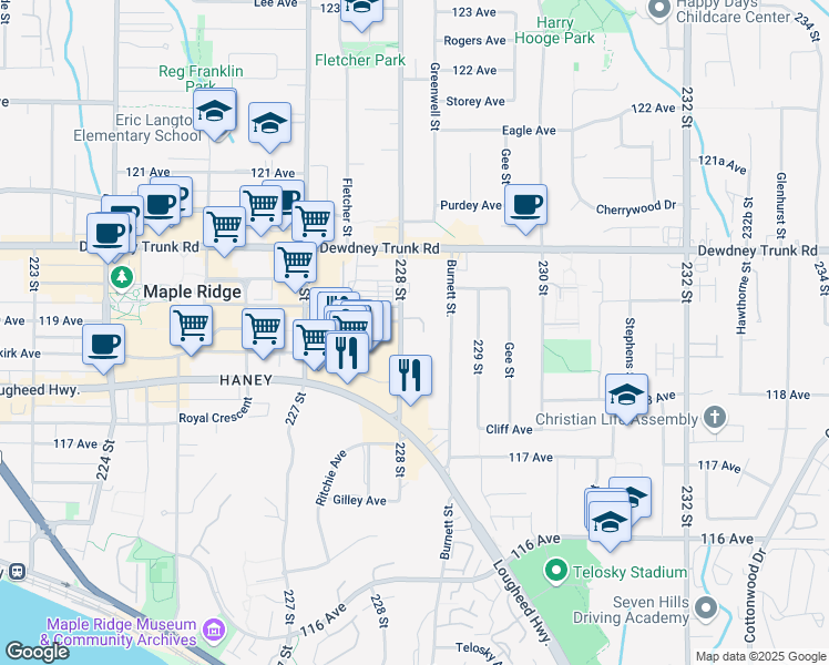 map of restaurants, bars, coffee shops, grocery stores, and more near 22709 Lougheed Highway in Maple Ridge