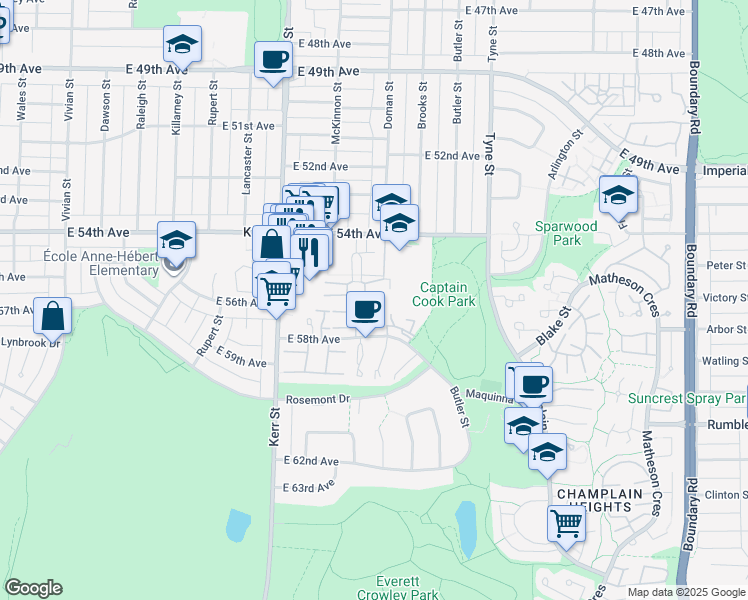 map of restaurants, bars, coffee shops, grocery stores, and more near 3264 Clermont Mews in Vancouver