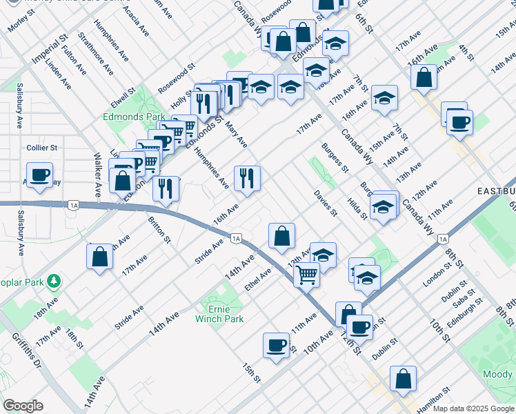 map of restaurants, bars, coffee shops, grocery stores, and more near in Burnaby