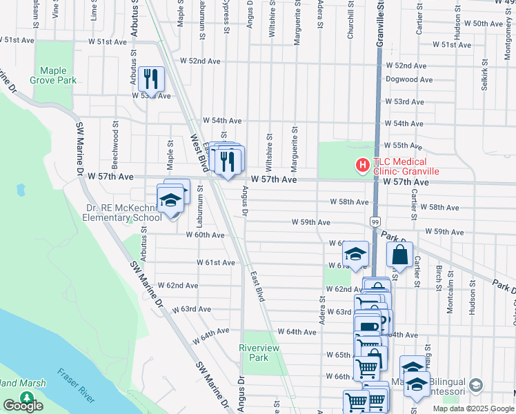 map of restaurants, bars, coffee shops, grocery stores, and more near 1763 West 59th Avenue in Vancouver
