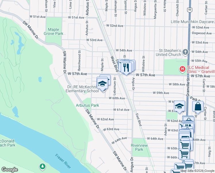 map of restaurants, bars, coffee shops, grocery stores, and more near in Vancouver