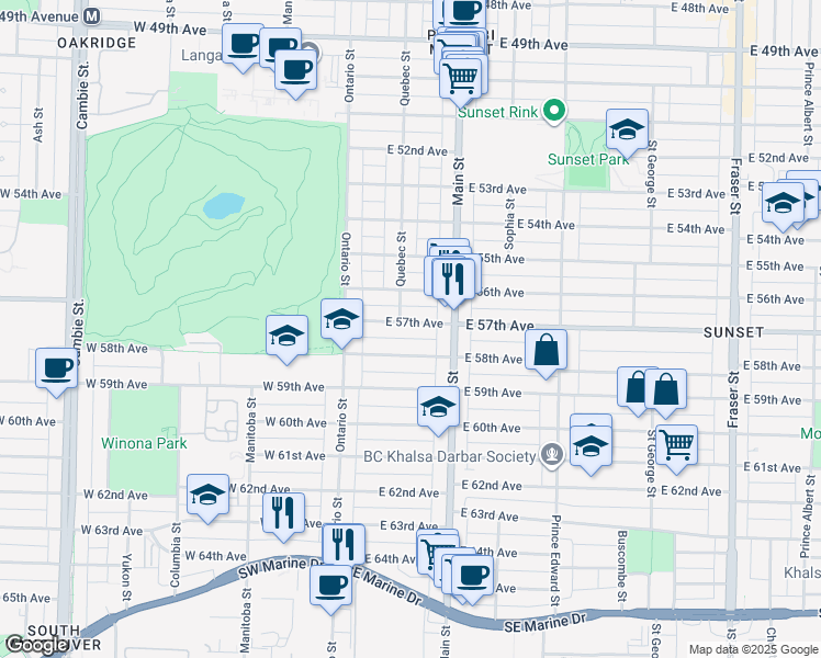map of restaurants, bars, coffee shops, grocery stores, and more near 128 East 57th Avenue in Vancouver