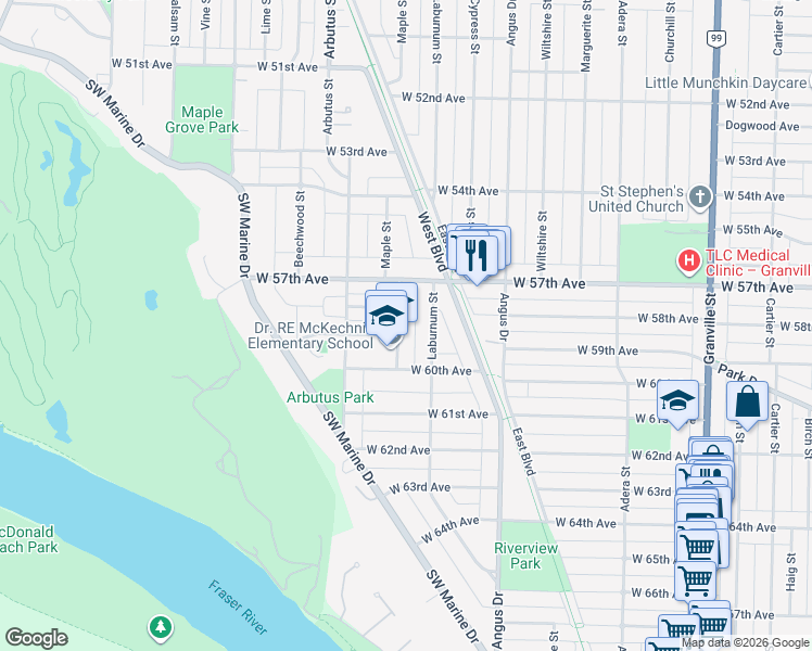 map of restaurants, bars, coffee shops, grocery stores, and more near 7382 Maple Street in Vancouver