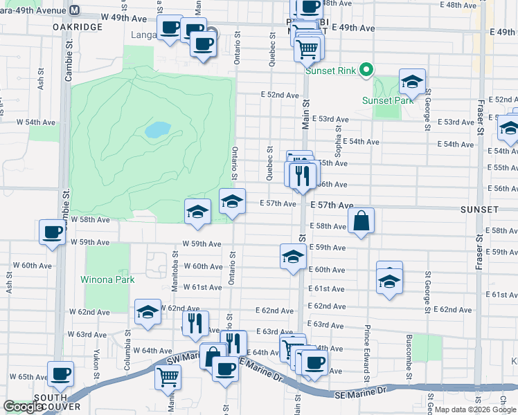 map of restaurants, bars, coffee shops, grocery stores, and more near 66 East 57th Avenue in Vancouver