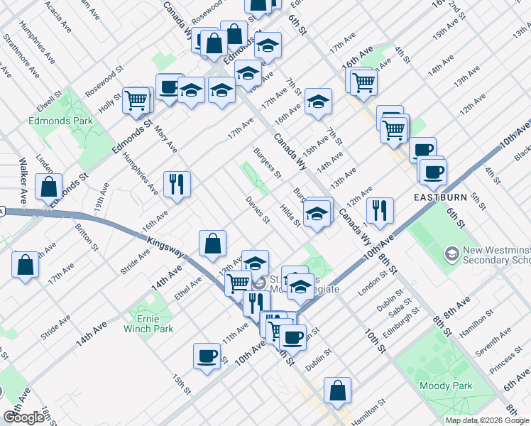 map of restaurants, bars, coffee shops, grocery stores, and more near 7636 Davies Street in Burnaby