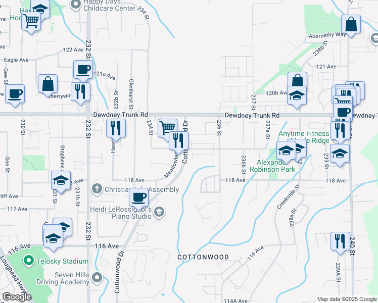 map of restaurants, bars, coffee shops, grocery stores, and more near 40 119 Avenue in Maple Ridge