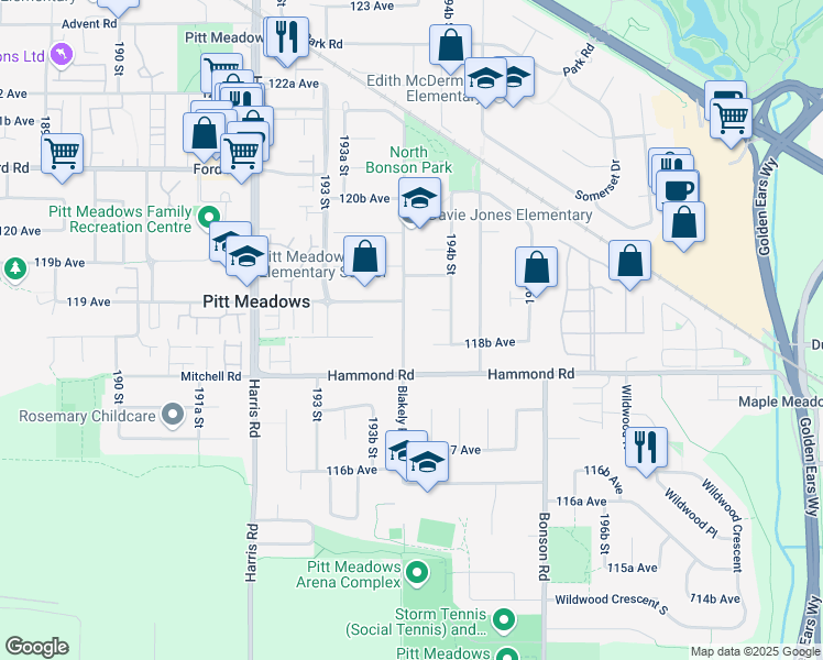 map of restaurants, bars, coffee shops, grocery stores, and more near 11868 Blakely Road in Pitt Meadows