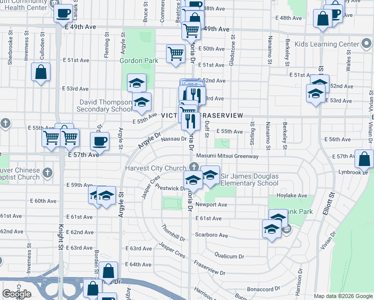 map of restaurants, bars, coffee shops, grocery stores, and more near 7275 Victoria Drive in Vancouver