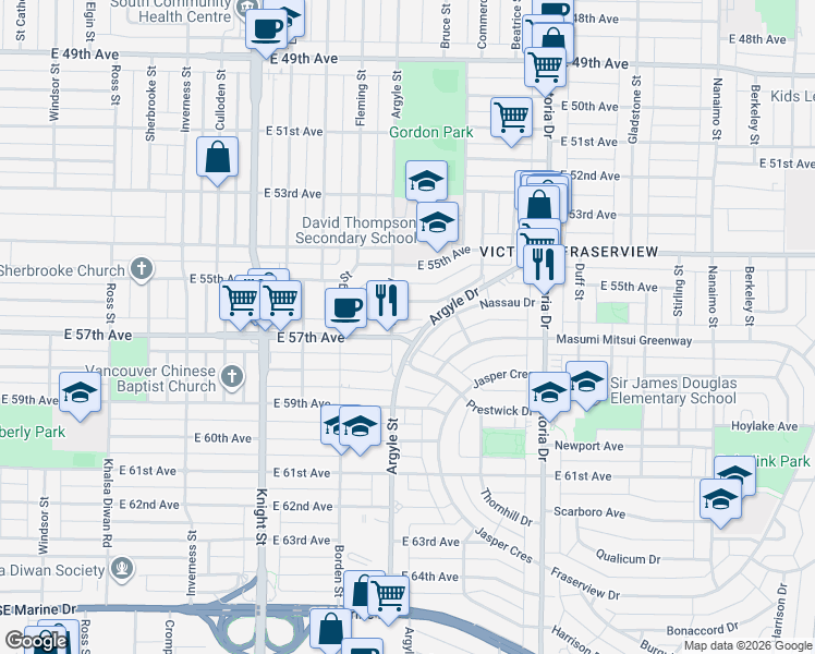map of restaurants, bars, coffee shops, grocery stores, and more near 1761 East 57th Avenue in Vancouver
