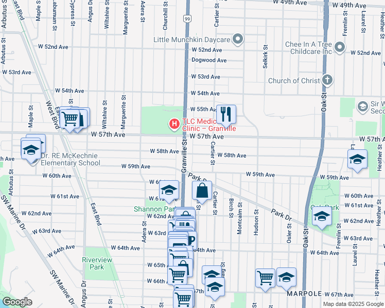 map of restaurants, bars, coffee shops, grocery stores, and more near West 58th Avenue in Vancouver
