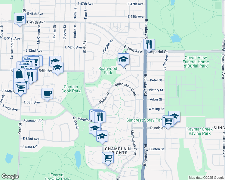map of restaurants, bars, coffee shops, grocery stores, and more near 7250 Appledale Place in Vancouver