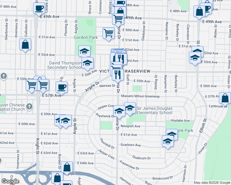 map of restaurants, bars, coffee shops, grocery stores, and more near 7275 Victoria Drive in Vancouver