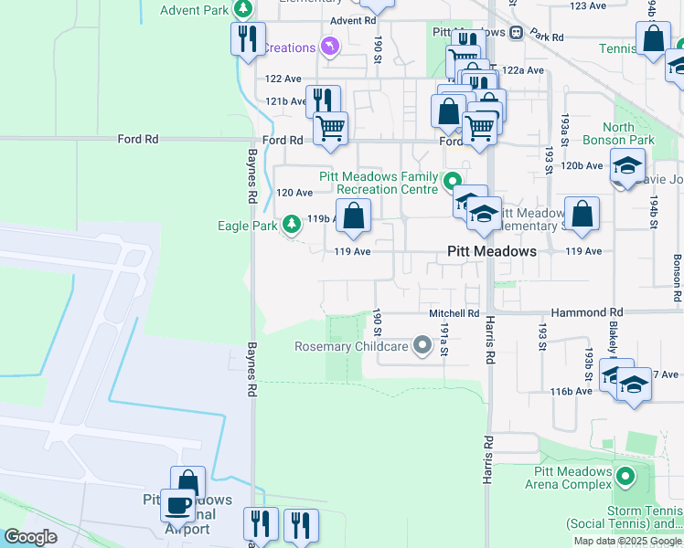 map of restaurants, bars, coffee shops, grocery stores, and more near 18949 118B Avenue in Pitt Meadows