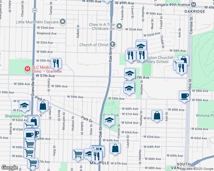 map of restaurants, bars, coffee shops, grocery stores, and more near 7359 Oak Street in Vancouver