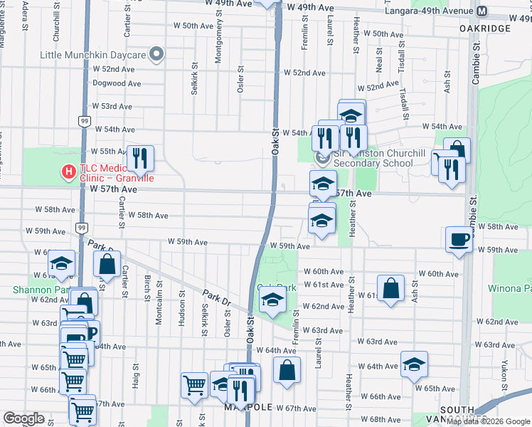 map of restaurants, bars, coffee shops, grocery stores, and more near 7359 Oak Street in Vancouver