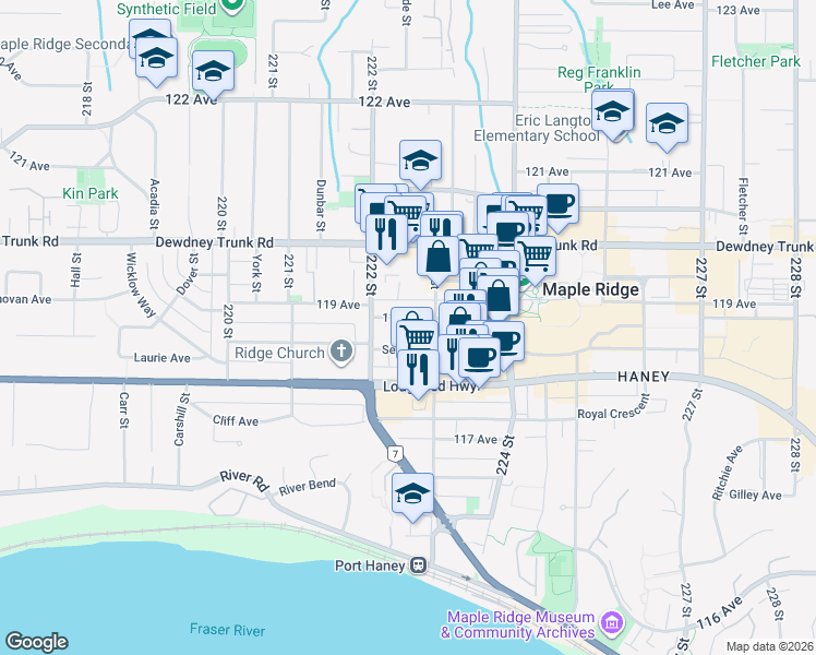 map of restaurants, bars, coffee shops, grocery stores, and more near 22256 119 Avenue in Maple Ridge
