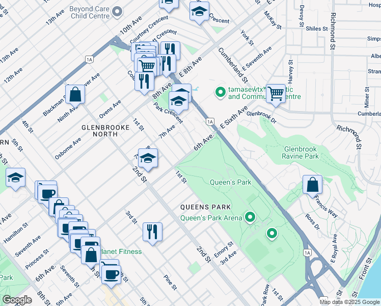 map of restaurants, bars, coffee shops, grocery stores, and more near 33 6th Avenue in New Westminster