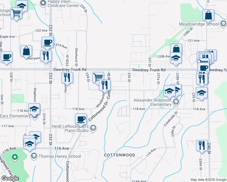 map of restaurants, bars, coffee shops, grocery stores, and more near 35 Cottonwood Drive in Maple Ridge