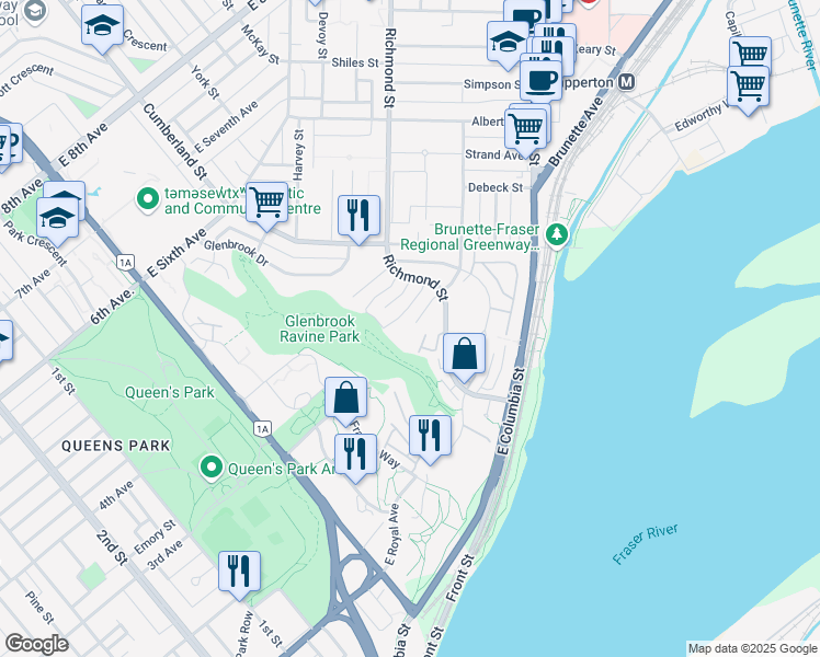 map of restaurants, bars, coffee shops, grocery stores, and more near 67 Miner Street in New Westminster