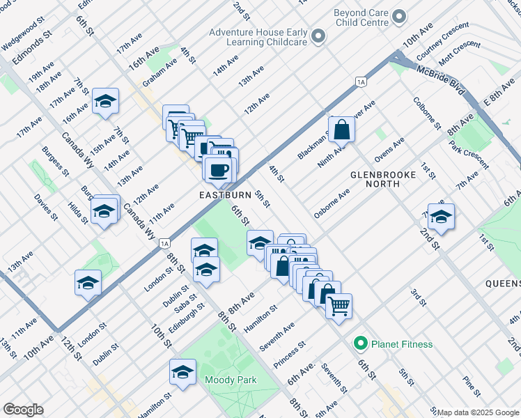 map of restaurants, bars, coffee shops, grocery stores, and more near 912 5th Street in New Westminster