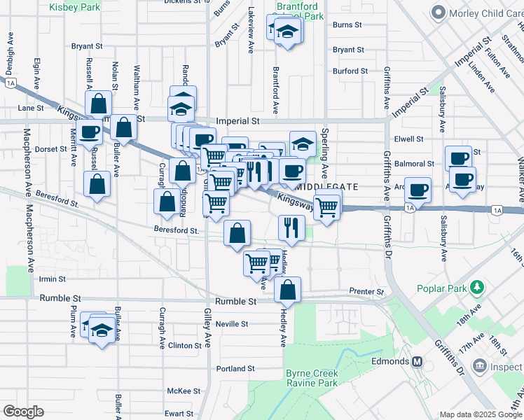 map of restaurants, bars, coffee shops, grocery stores, and more near 6577 Southoaks Crescent in Burnaby
