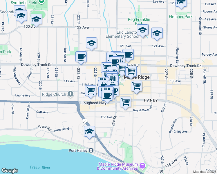 map of restaurants, bars, coffee shops, grocery stores, and more near 11855 224 Street in Maple Ridge