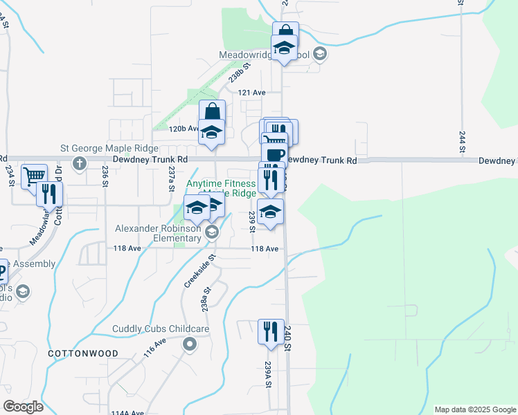 map of restaurants, bars, coffee shops, grocery stores, and more near 23943 119 Avenue in Maple Ridge