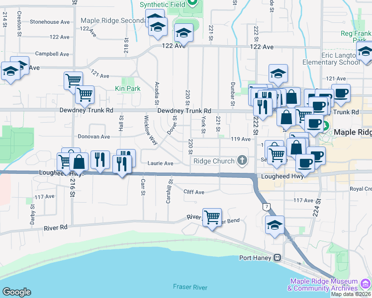 map of restaurants, bars, coffee shops, grocery stores, and more near 11859 220 Street in Maple Ridge