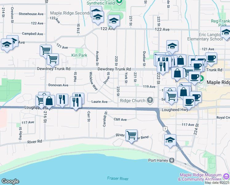 map of restaurants, bars, coffee shops, grocery stores, and more near 11879 220 Street in Maple Ridge